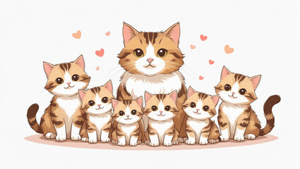 Fototapeta premium AI Generative. Mother Cat with Her Kittens on White Background. 2