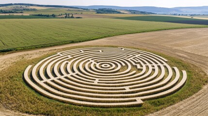 Obraz premium Aerial view of an intricate spiraling crop circle formation laid out in a vast lush agricultural field
