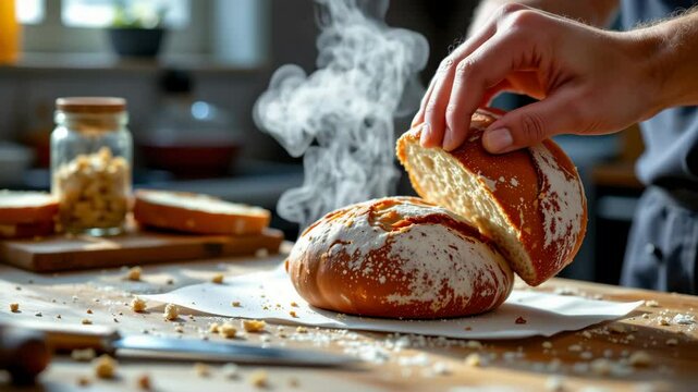 A hand breaking open a steaming, freshly baked round loaf of bread on a wooden kitchen counter.