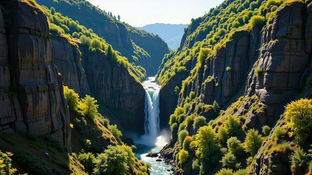 A tall waterfall cascades between two lush green cliffs in a sunlit mountainous valley.