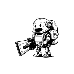 Monochrome illustration showcasing a robust spacefaring robot armed with futuristic tech