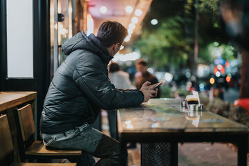 A person in a winter jacket sitting at an outdoor cafe table, using their smart phone during a vibrant city evening, surrounded by blurred lights and urban ambiance.