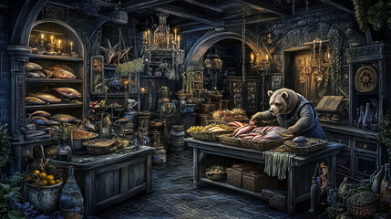 Dark medieval shop interior with bear vendor