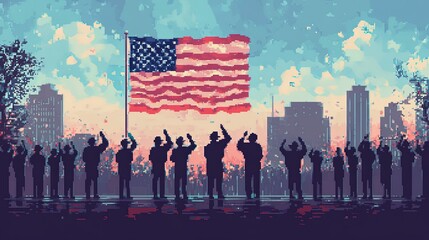 Create a pixel art of veterans saluting the American flag at a Veterans Day parade with patriotic banners and waving crowds.