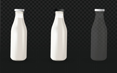 Realistic vector graphic of glass milk bottles, some full of white liquid, one empty, with black and white caps. Isolated packaging objects perfect for dairy or beverage mockup design projects.