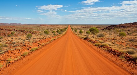 Driving on Red Dirt Road Through Outback Landscape Under Blue Sky