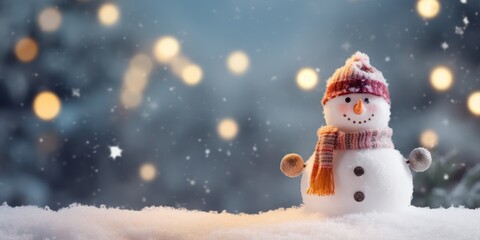 Fototapeta premium A snowman with a red hat and scarf, standing on a snowy surface with a blurred Christmas tree in the background.
