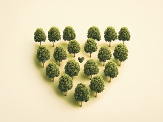 A heart-shaped forest of trees represents environmental consciousness.