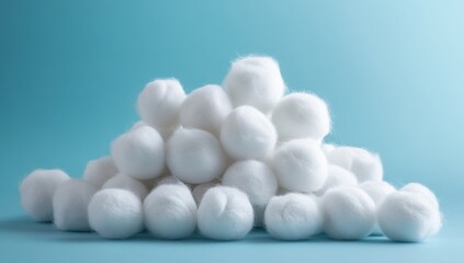 A pile of fluffy white cotton balls on a light blue background