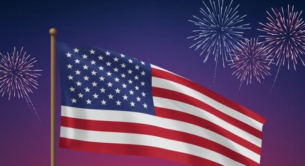 Illustration of Waving American Flag with Fireworks