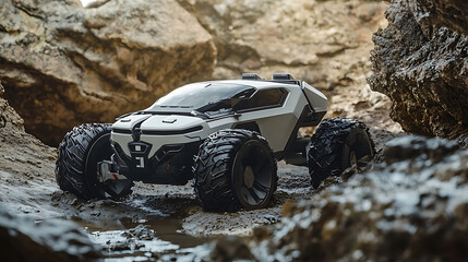 A white and black monster truck is driving through a muddy, rocky terrain