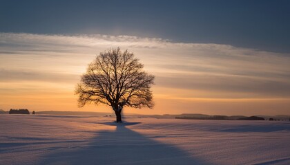 Fototapeta premium Lone Tree on Snowy Plain at Sunset with Soft Evening Light
