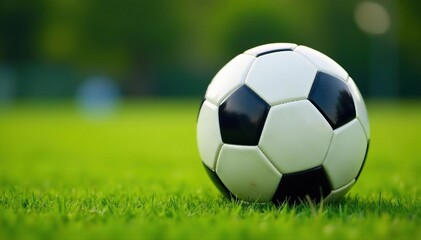 Obraz premium Close-up of a classic black and white soccer ball on a green field , detail, round