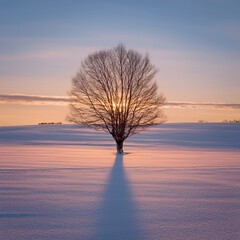 Lone Tree on Snowy Plain at Sunset with Soft Evening Light