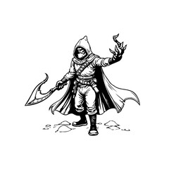 Enigmatic hooded figure wielding a peculiar axe in a minimalist drawing