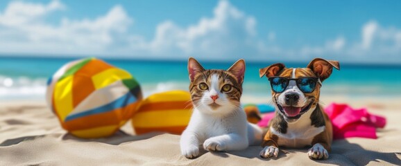 A playful cat lies beside a cheerful dog wearing sunglasses on a beach. Brightly colored beach balls surround them on the soft sand with a beautiful ocean backdrop on a sunny day