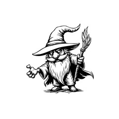 Cartoon Wizard Character Illustration with Beard and Wand for Digital Art