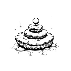 Whimsical tiered landscape with celestial sphere element in monochrome illustration