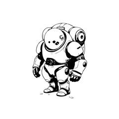 Stylized robotic form in graphic black and white rendering, future concept