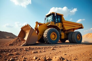 Powerful bulldozer pushing a loaded tipper truck , heavy machinery, movement, excavation