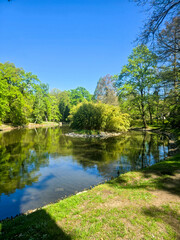 Obraz premium River View Flowing Through a Spring Park