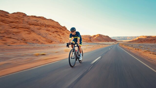 Professional cyclist wearing helmet and sportswear riding a road bike on a desert highway during a sunny sunset, training for a race with rocky mountains in the background - Powered by Adobe