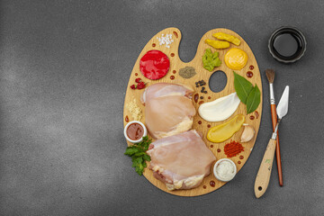Creative culinary concept with raw chicken thighs, spices and sauces on a wooden artist's palette