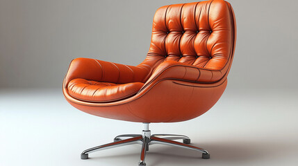 Orange leather armchair with a modern, sculpted design, featuring a comfortable, rounded back and seat, swivel base, and smooth, polished chrome accents.