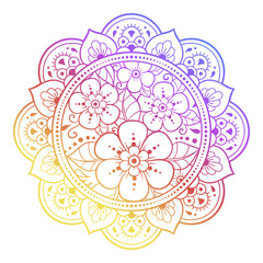 Color decorative panel with circular pattern in form of mandala with flower for decoration or print. Decorative ornament in ethnic oriental style. Rainbow design on white background.