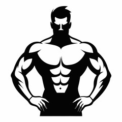 Fototapeta premium Male bodybuilder front view silhouette black filled Illustration icon. Man standing physical workout vector.