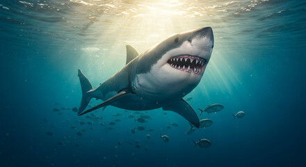 Fototapeta premium Pixelated Great White Shark Swimming in Blue Ocean Depths with Sun Rays and School of Fish Pixel Art