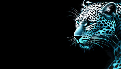 Obraz premium Striking portrait of a snow leopard, glowing teal against a black background. Perfect for a dark, mysterious theme.