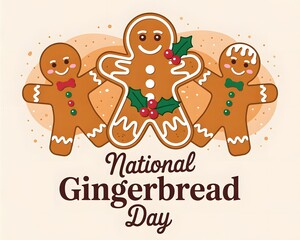 Festive Gingerbread Man and Cookie Celebrates National Gingerbread Day. A cheerful illustration for National Gingerbread Day, featuring two gingerbread men flanking a decorated gingerbread cookie.