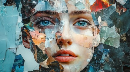 Abstract collage of female face with vibrant textures and colors