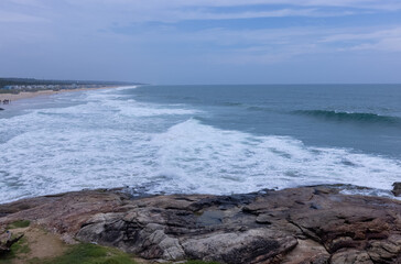 Beach landscape, Beautiful arial view of beach with sea waves and coconut trees. Nature scenery. 