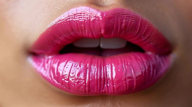 Female sensual lips macro. Beautiful woman lips with shiny pink lipstick close up. Skin care and decorative cosmetics concept, lip augmentation promotion.