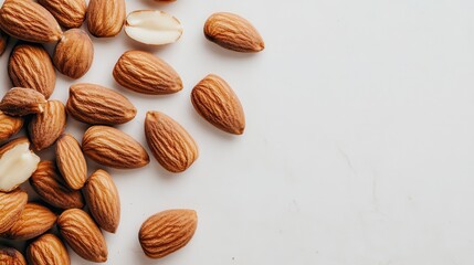Pile of almonds on a clean white surface, top view. Perfect for healthy eating or snack ingredient concepts.