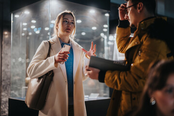 Two young business individuals engage in a professional conversation in a modern urban area,...