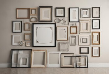 Geometric pattern of various sized frames on a neutral wall, perfect for home decor ,  colors,  silver frame