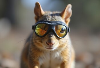 Close-up Portrait of a Squirrel Wearing Round Goggles Outdoors