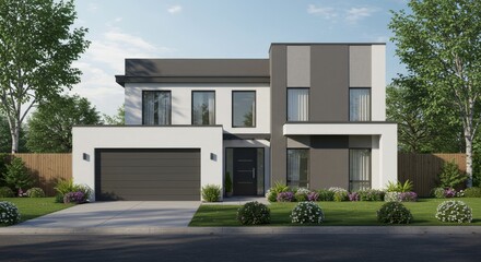 Modern Two-Story White and Gray Suburban House Exterior 3D Illustration