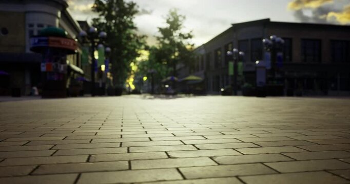 A tranquil street featuring brick pavement is illuminated by the warm glow of sunset. Vibrant trees line the sidewalk, and cafes can be seen in the background.
