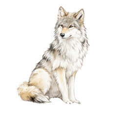 Fototapeta premium A majestic wolf with beautiful fur sits alertly against a white backdrop.