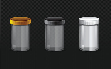 Realistic vector graphic of clear glass jars with golden, black, and white metal lids. Isolated packaging objects perfect for food, spices, condiments, preserves, or mockup design projects. 