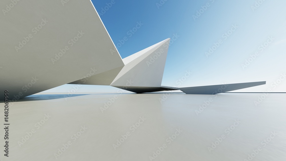 Poster 3d render of abstract modern geometry architecture with empty cement floor, minimal exterior, car presentation background