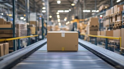 A cardboard box on a conveyor belt in an automated warehouse, representing micro-fulfillment and efficient order processing.