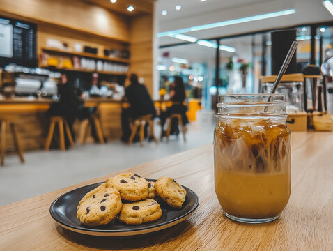 Iced coffee and chocolate chip cookies at a cafe