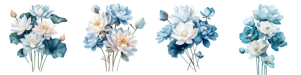 Obraz premium Elegant, serene lotus flowers arranged in graceful bouquets of soft blues and whites, ideal for decorative designs or serene backgrounds in various artistic projects