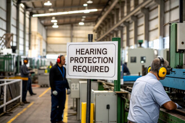 Workers in a factory wear ear protection near a sign that reads "Hearing Protection Required" in an industrial setting.