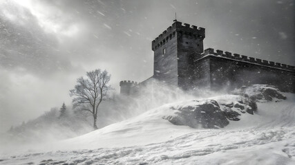A black-and-white photograph captures a snow-covered medieval castle with a tall, crenellated tower under a cloudy sky, with snowflakes falling and a leafless tree in the background